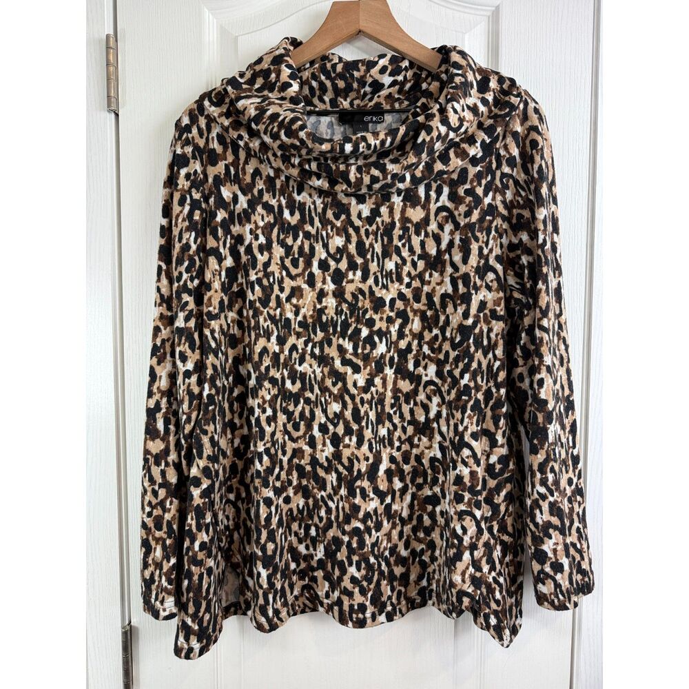 Erika Women's Leopard Print Cowl Neck Long Sleeve Top Size L Large